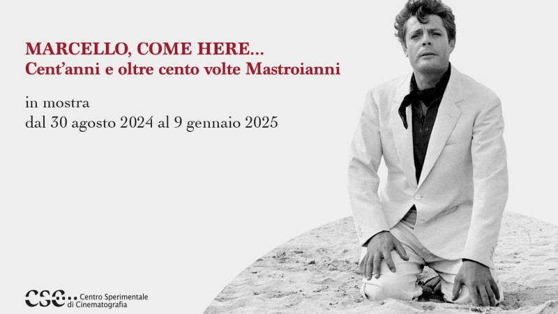 Manifesto della mostra "Marcello, come here" Manifesto della mostra "Marcello, come here... Cent'anni e oltre cento volte Mastroianni" promossa dal Centro Sperimentale di Cinematografia sull'isola di San Servolo.